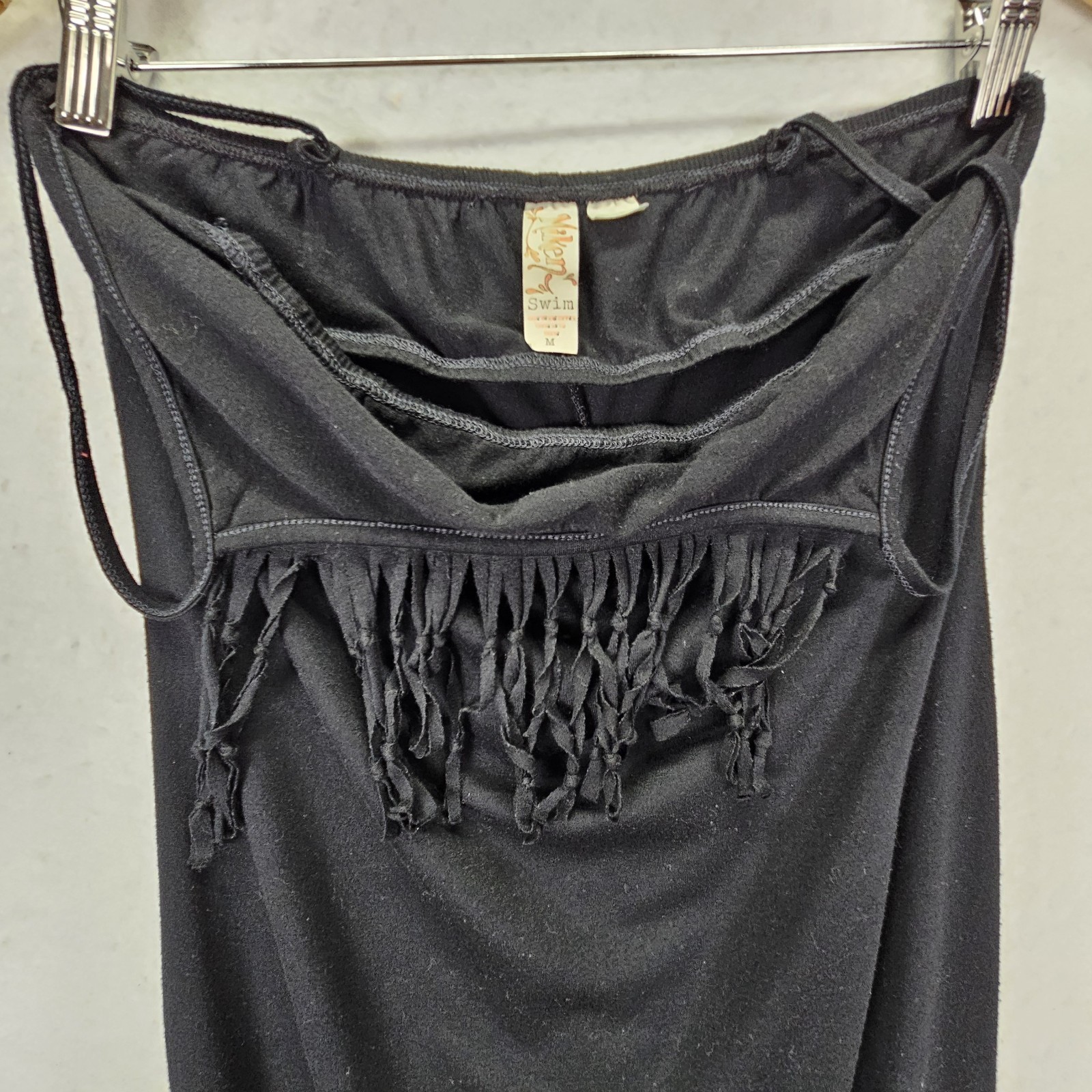 Y2k Miken Swim Classic Fringe Maxi Boho Spaghetti Straps Beach Dress Sz M Black