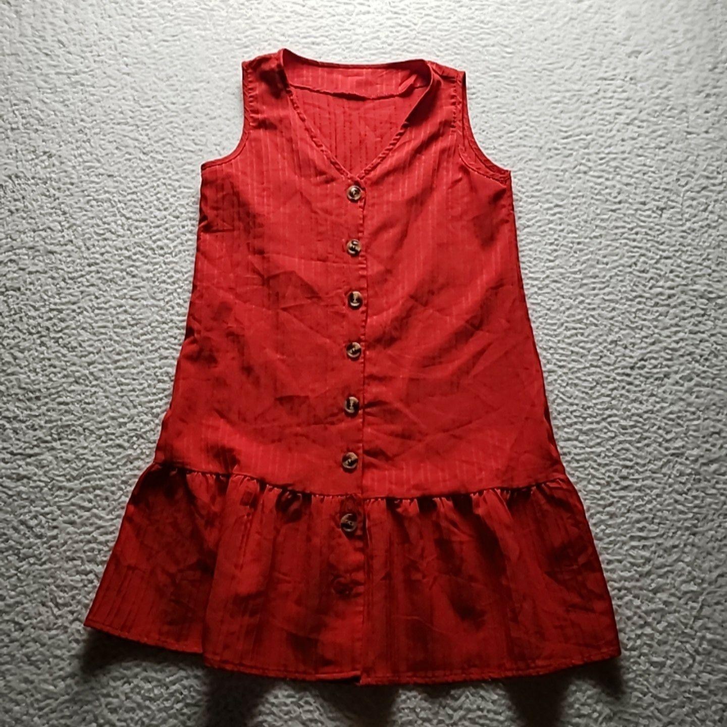 Dress Womens Small Red Solid Sleeveless V Neck Button Ruffle Hem Sundress Short