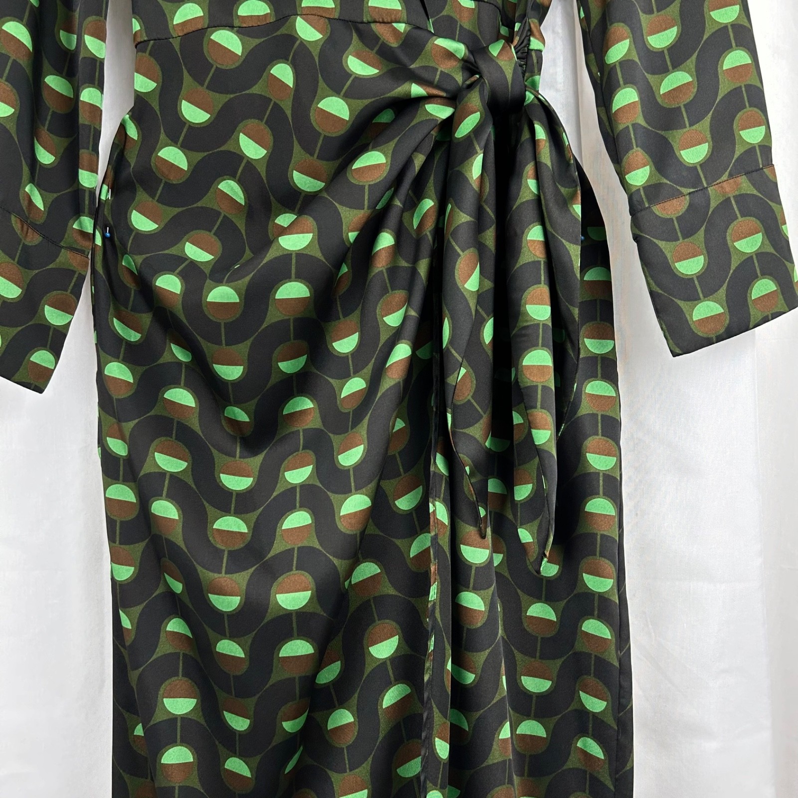 Zara Retro Mod Geometric Print Point Collar Wrap Midi Dress Green/Black/Brown L