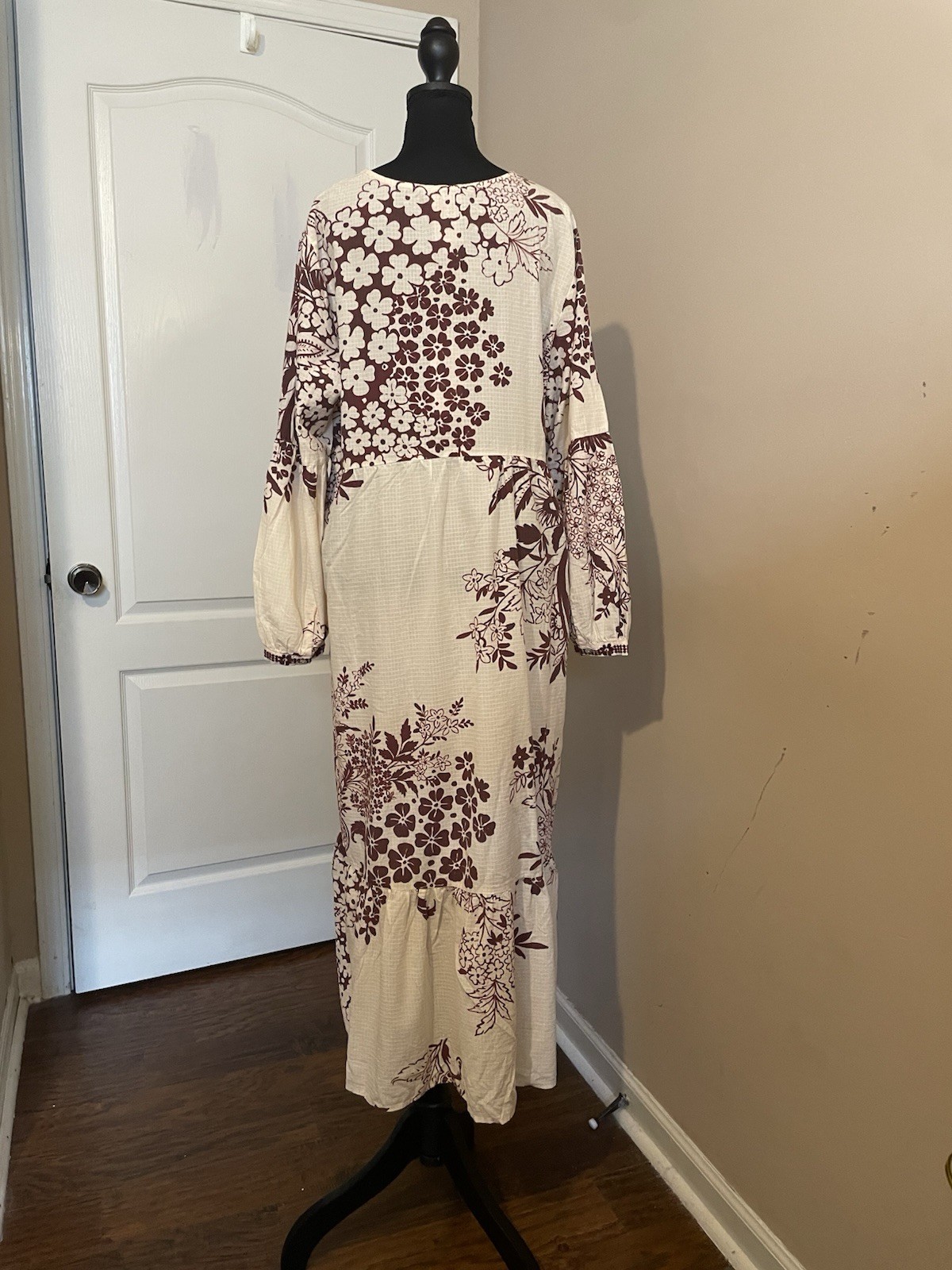 Johnny Was Aquijio Tiered Bishop Sleeve Floral Cotton Blend Midi Dress Size XL