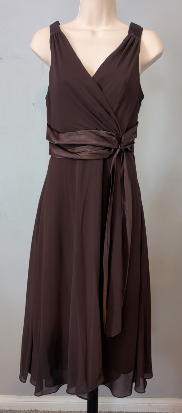 Jones Wear Dress Brown Fit & Flare Surplice Chiffon Satin Bow Sash Dress Size 12