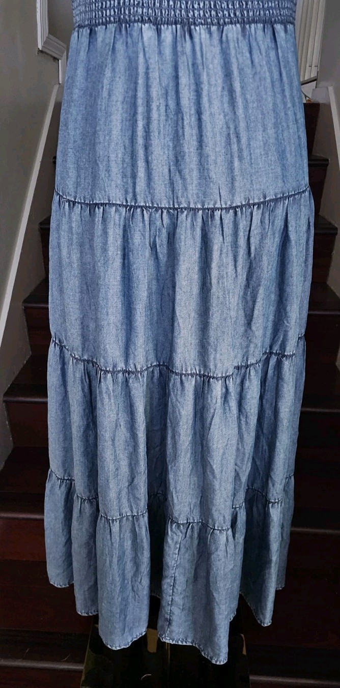 Z Supply Balos Washed Chambray Midi Dress L Smocked Spaghetti Strap Cottage NWT