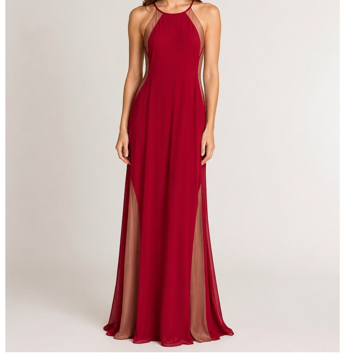 Nightway Red Nude Illusion Mesh Size 4 Halter Evening Gown Prom Dress NWT