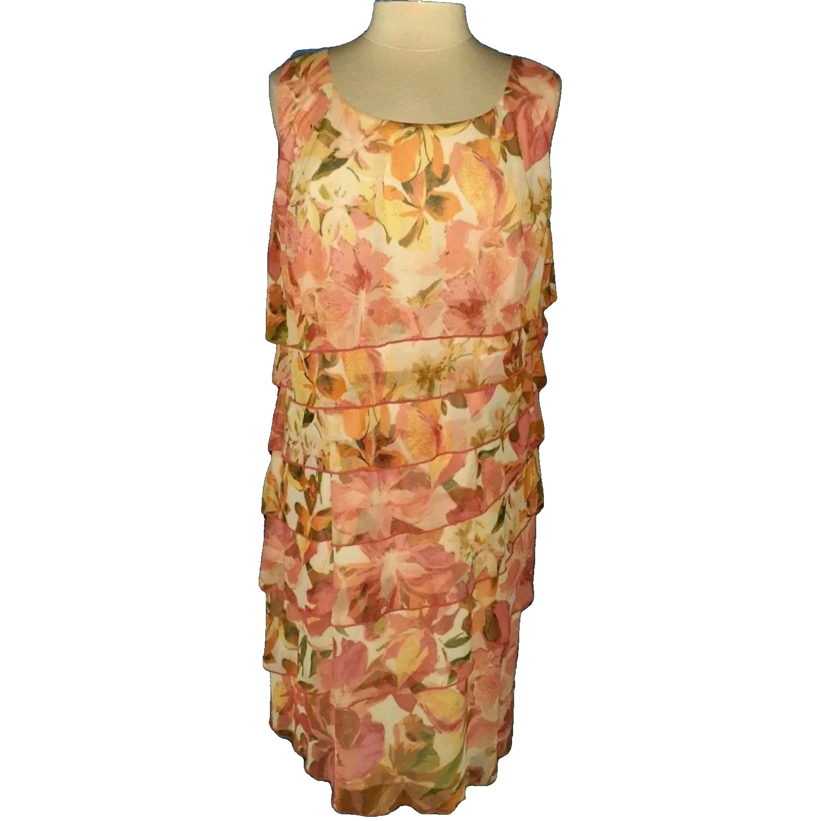 DRESSBARN Plus Size 14W Shift Dress Orange Rust White Floral Tiered Ruffles