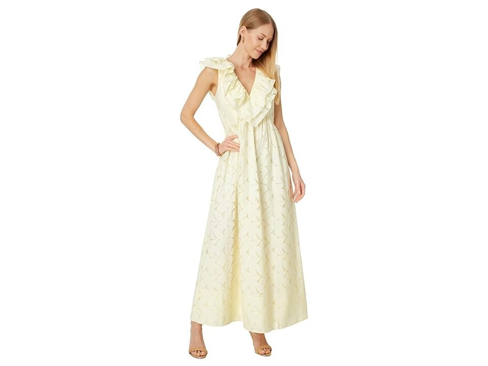 Lilly Pulitzer Ritamarie Ruffle Maxi Dress Yellow Floral Size 4 NWT Flaw