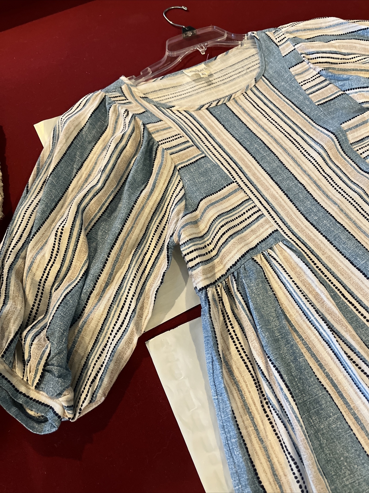 NEW Blue White Striped LINEN Sun DRESS Cotton Peasant PUFFY Sleeves Womens Small