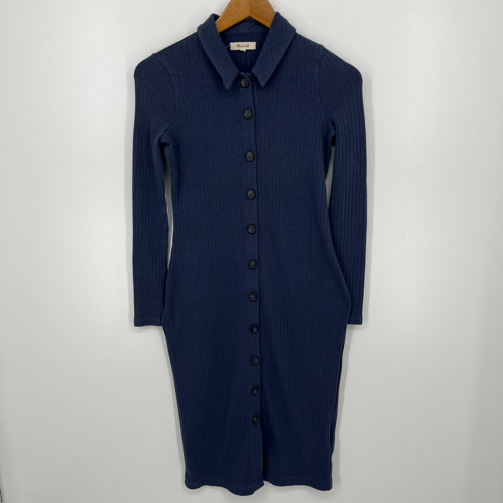 Madewell Dress Women’s Size P2XS Navy Blue Ribbed Button Long Sleeve Midi Knit
