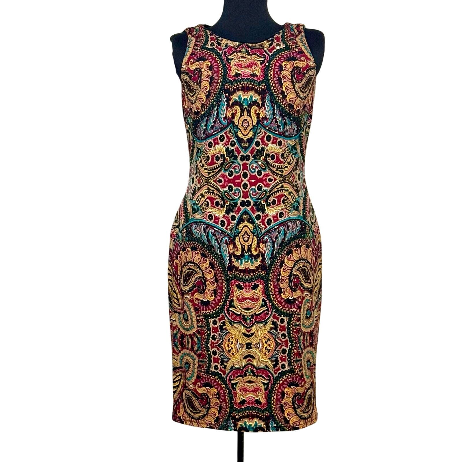 Joseph Ribkoff Jewel Tone Digital Print Jersey Dress Sz 8 Sequins Fitted Sheath