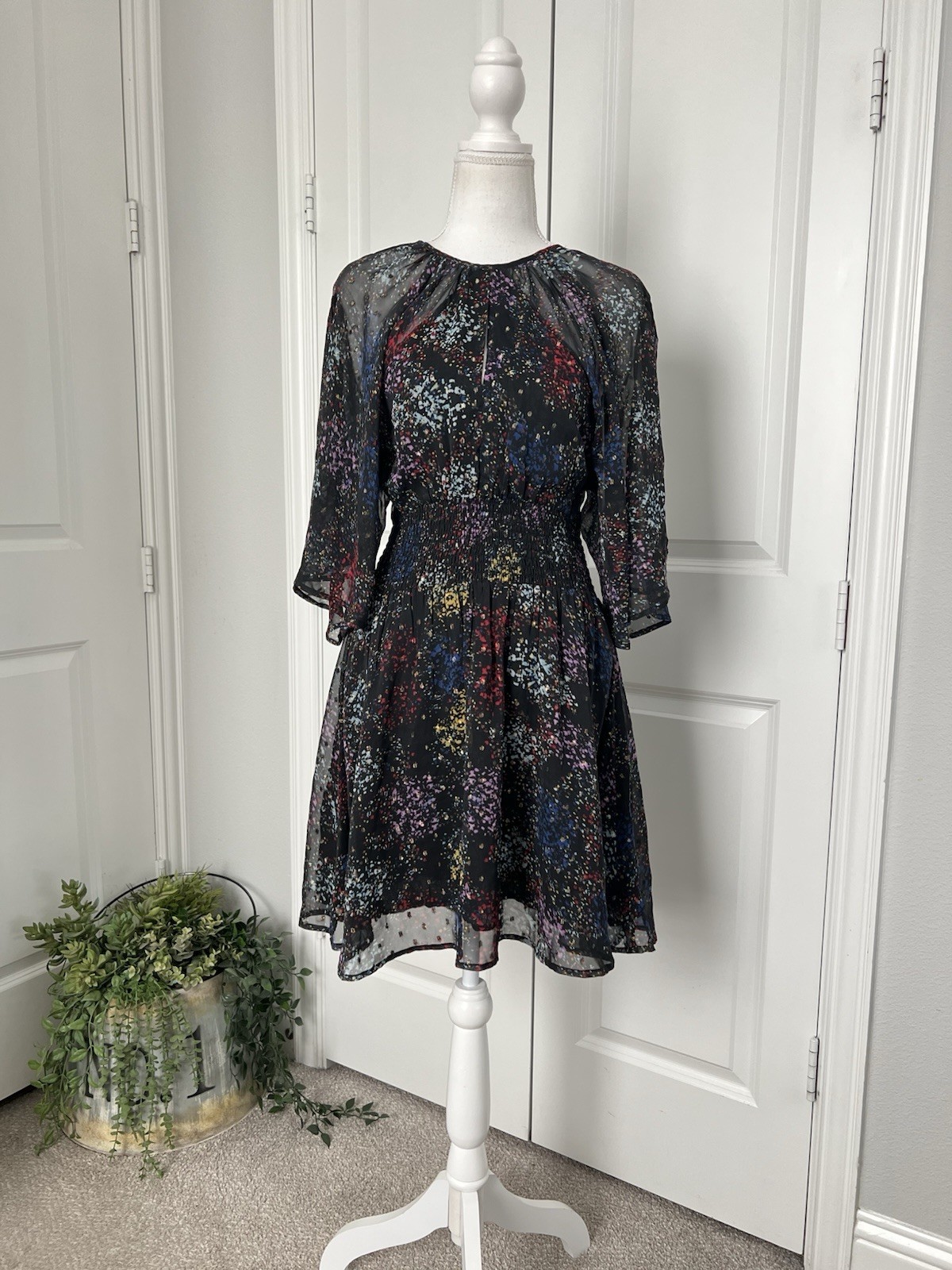 Free People Anna Multi Colored Metallic Mini Dress Printed Smocked Size XS