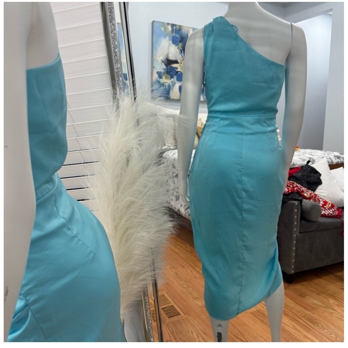 DO+BE Turquoise Blue One Shoulder Draped Ruched Tulip Midi Dress Sz Small NWT