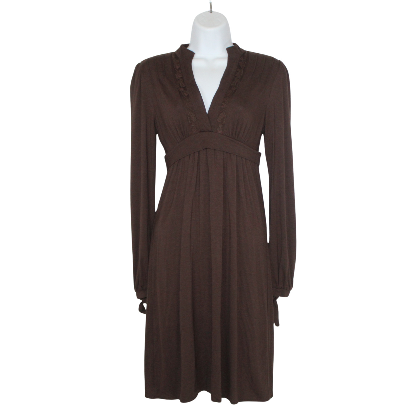 Y2K BCBG women’s dress size XS brown mini long sleeve peasant lace v-neck empire