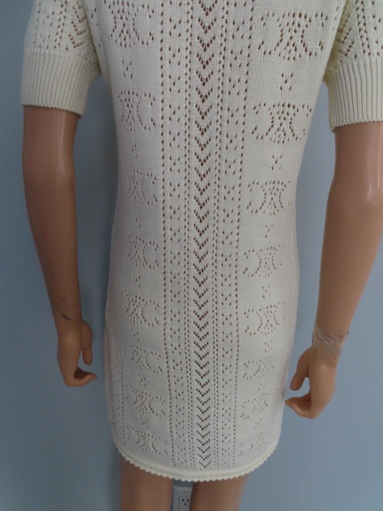 CELINE Ecru Cotton Open Pointelle/Triomphe Knit Dress Size S