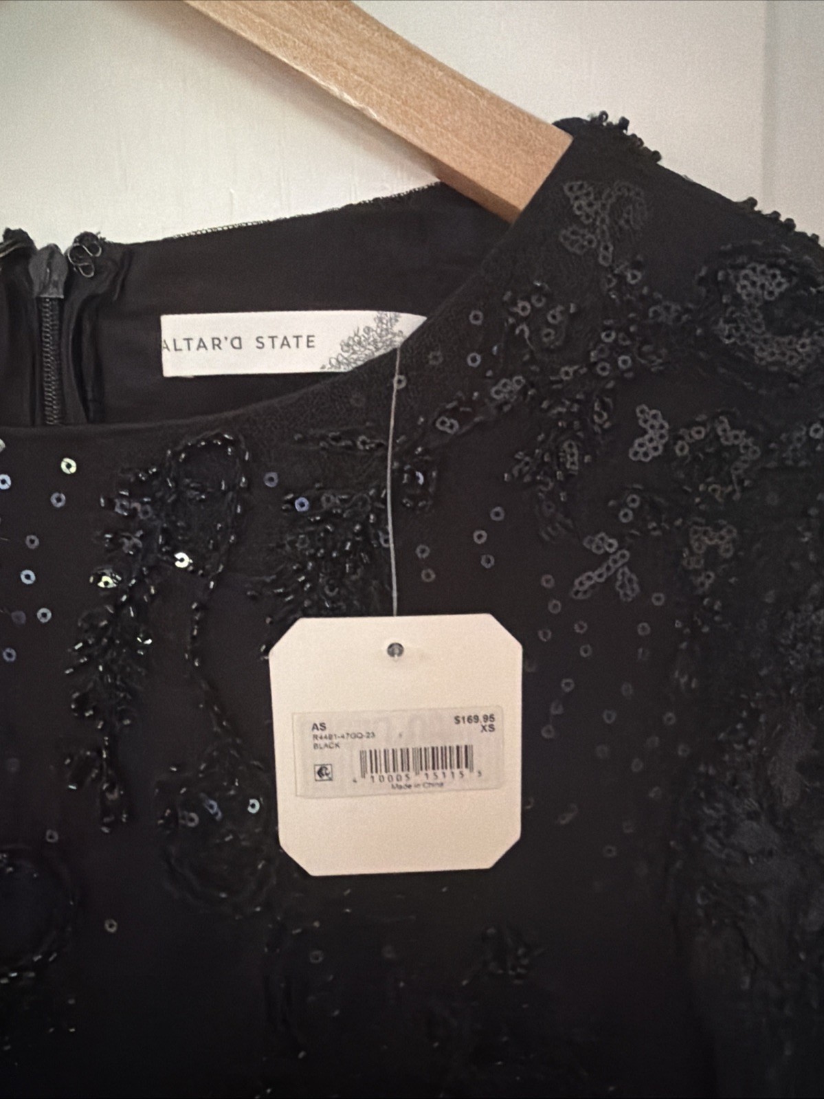 Altar’d State Black Beaded Sequined Lace Cocktail L/S Women’s Mini Dress XS NWT