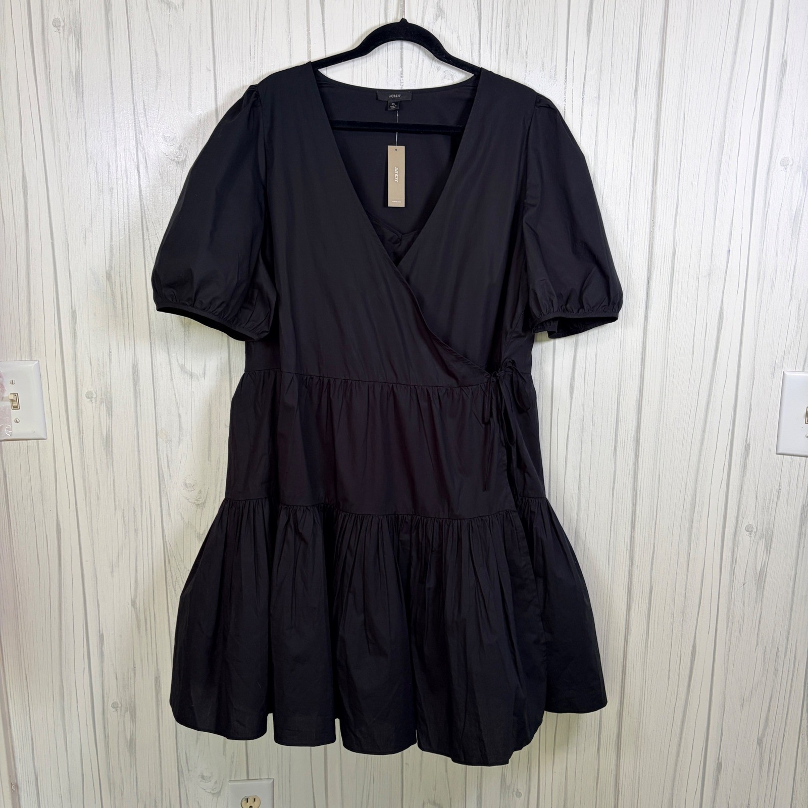 J.CREW NWT Black Puff-Sleeve Cotton Poplin Wrap Dress & Separate Slip Lining, XL