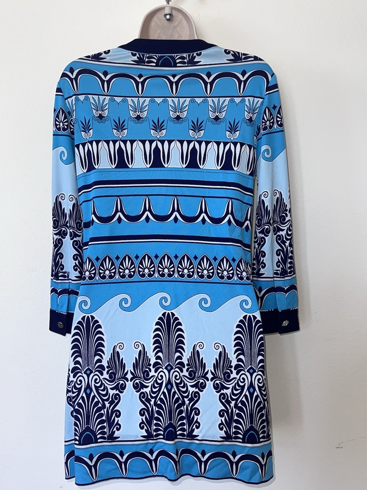 Tory Burch Blue Silk Jersey Monochrome Geometric Pattern Tunic Dress Size S