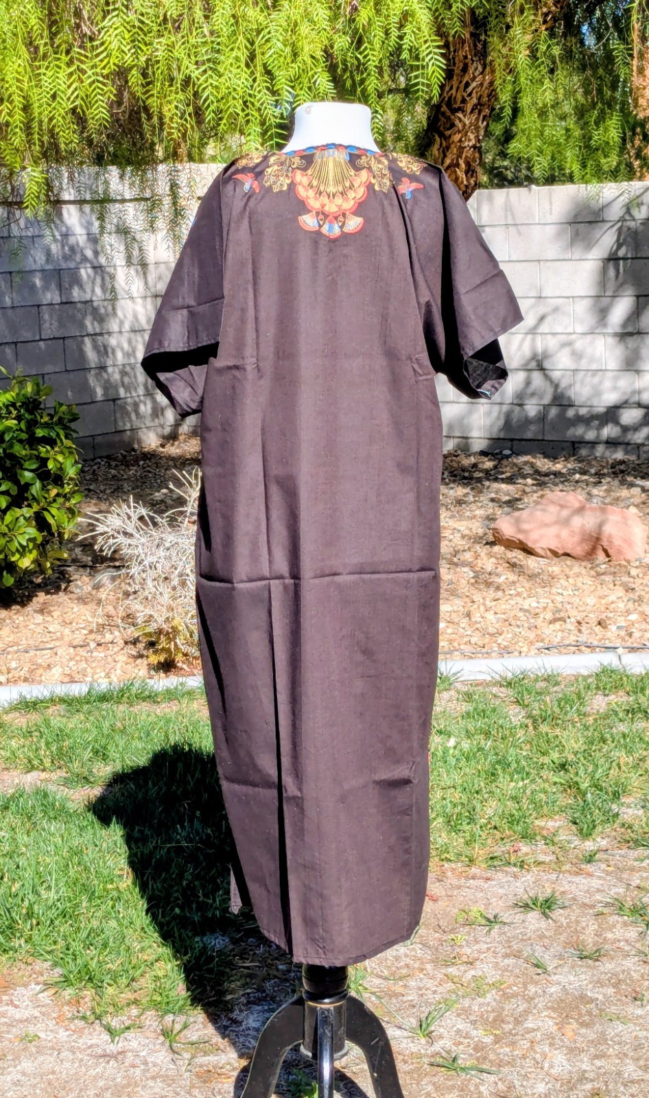 Retro Kaftan Black/Gold Goddess Cleopatra Ankh Birds Graphic Print Cotton Dress