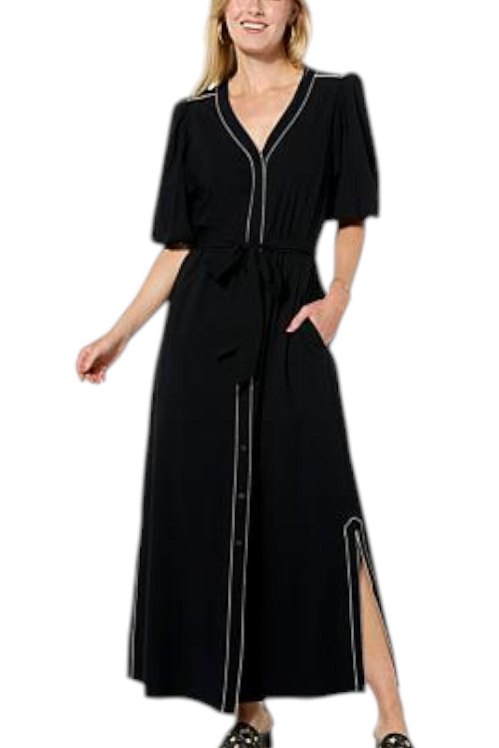 G by Giuliana Woven Embroidered Puff-Sleeve Midi Dress Black