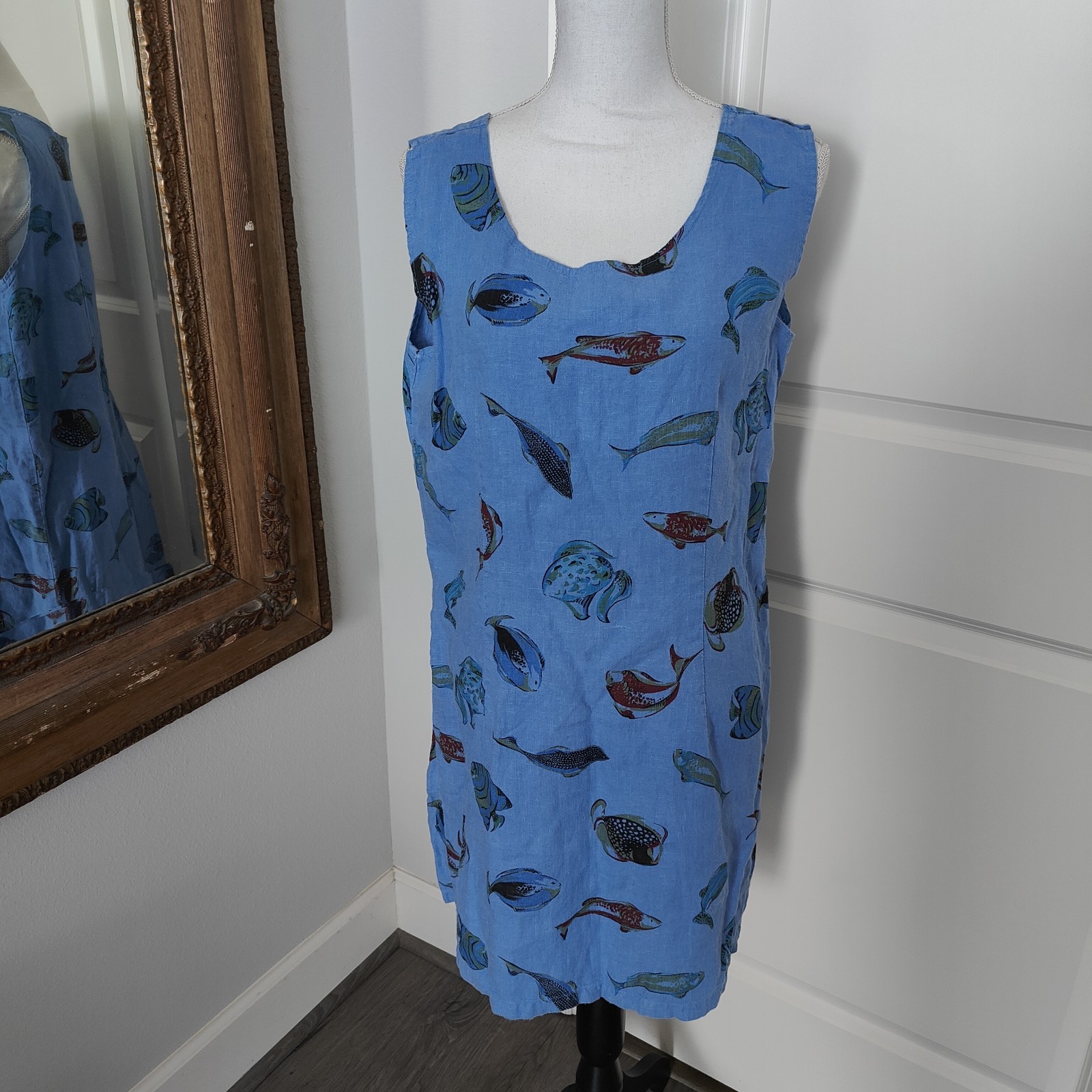 Tom Tom California Dress Womens L Blue Linen Shift Assorted Fish Pattern Beach