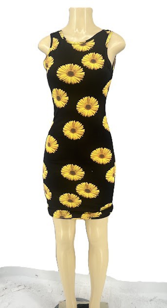 En Creme Yellow Sunflower S Floral 96% Cotton 4% Spandex Sleeveless Women Dress
