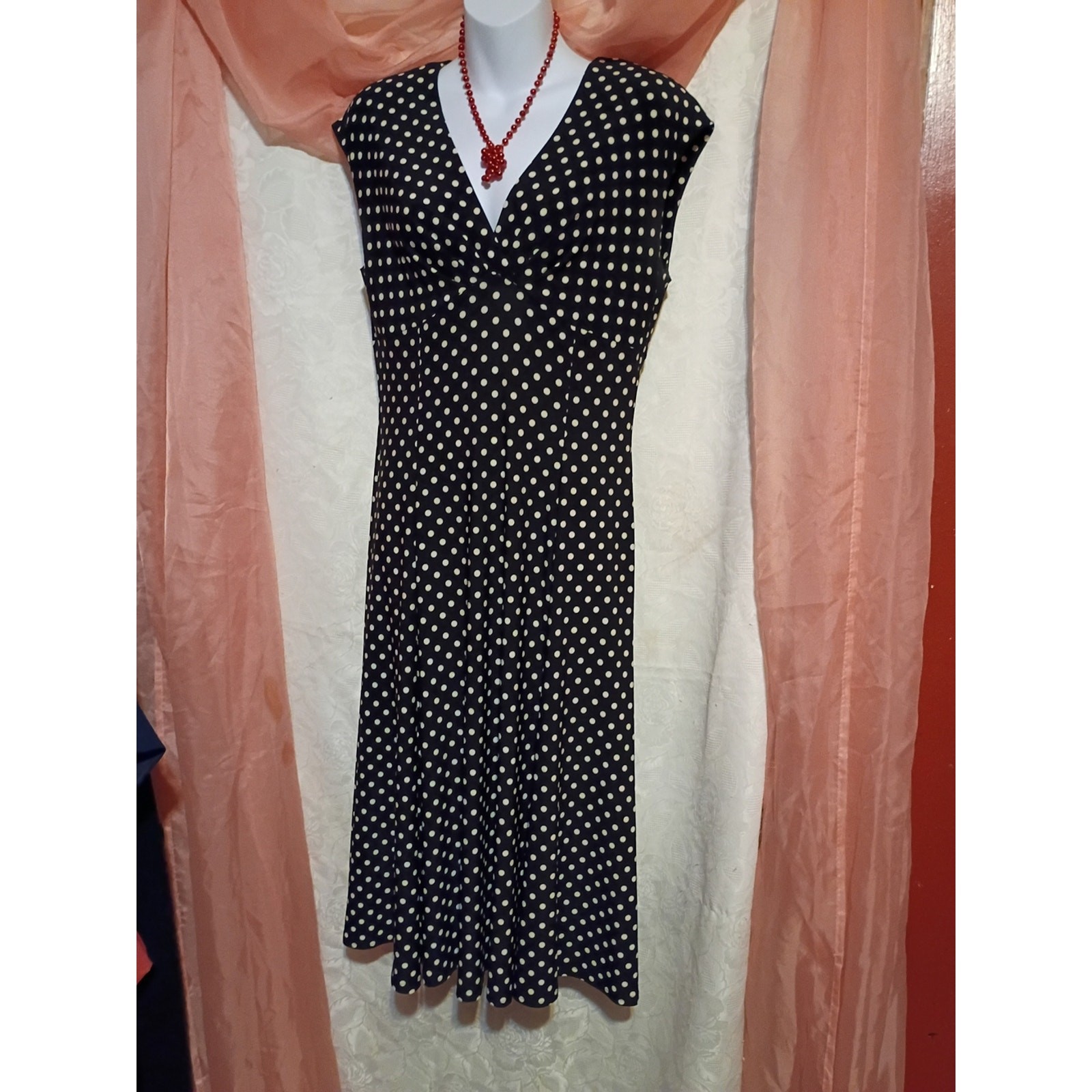 Chaps Ladies Black and Cream Polka Dot V-Neck Midi Dress Sz M
