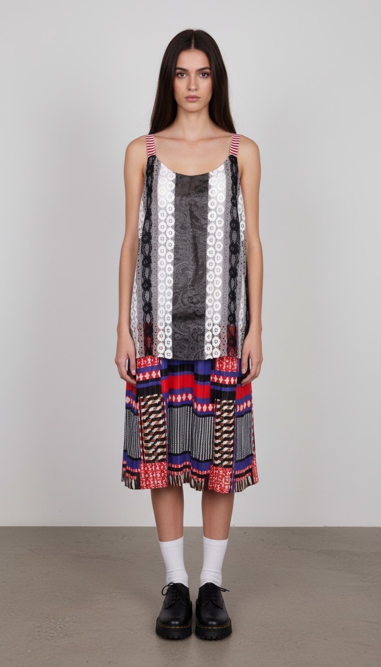 PIANURASTUDIO Italy Avant Garde Leather Lace Pleated Midi Dress Mixed Print 48 M