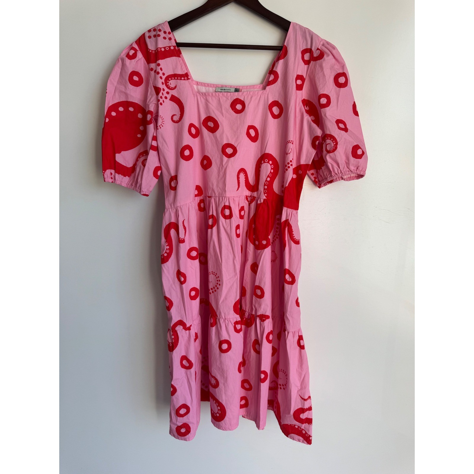 Maude Vivante Pink Red Octopus Molly Cotton Tiered Mini Dress XL Fit Flare Puff