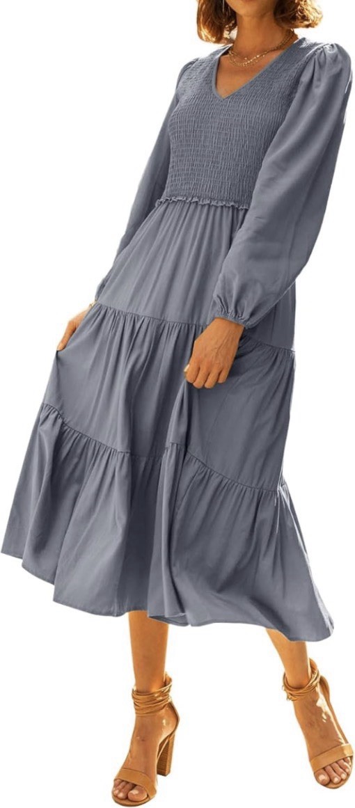 Bohme Blue Smocked V-Neck Long Sleeve Tiered Midi Dress Women’s M Cottagecore