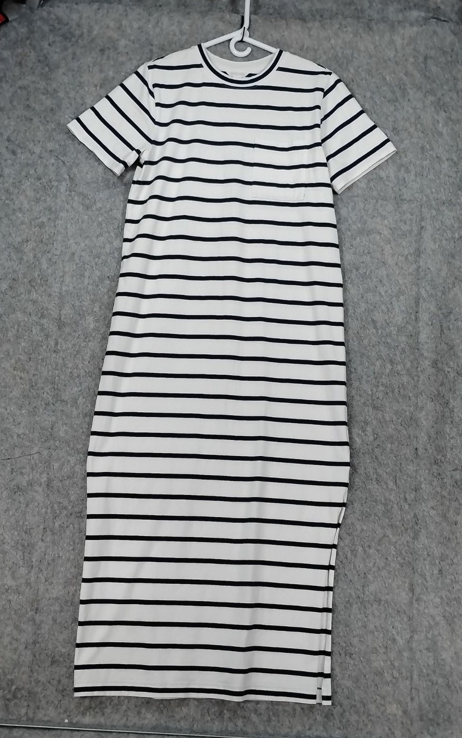 Caslon Black White Striped Maxi Dress Med Short Sleeve Pocket Slit Cotton Blend