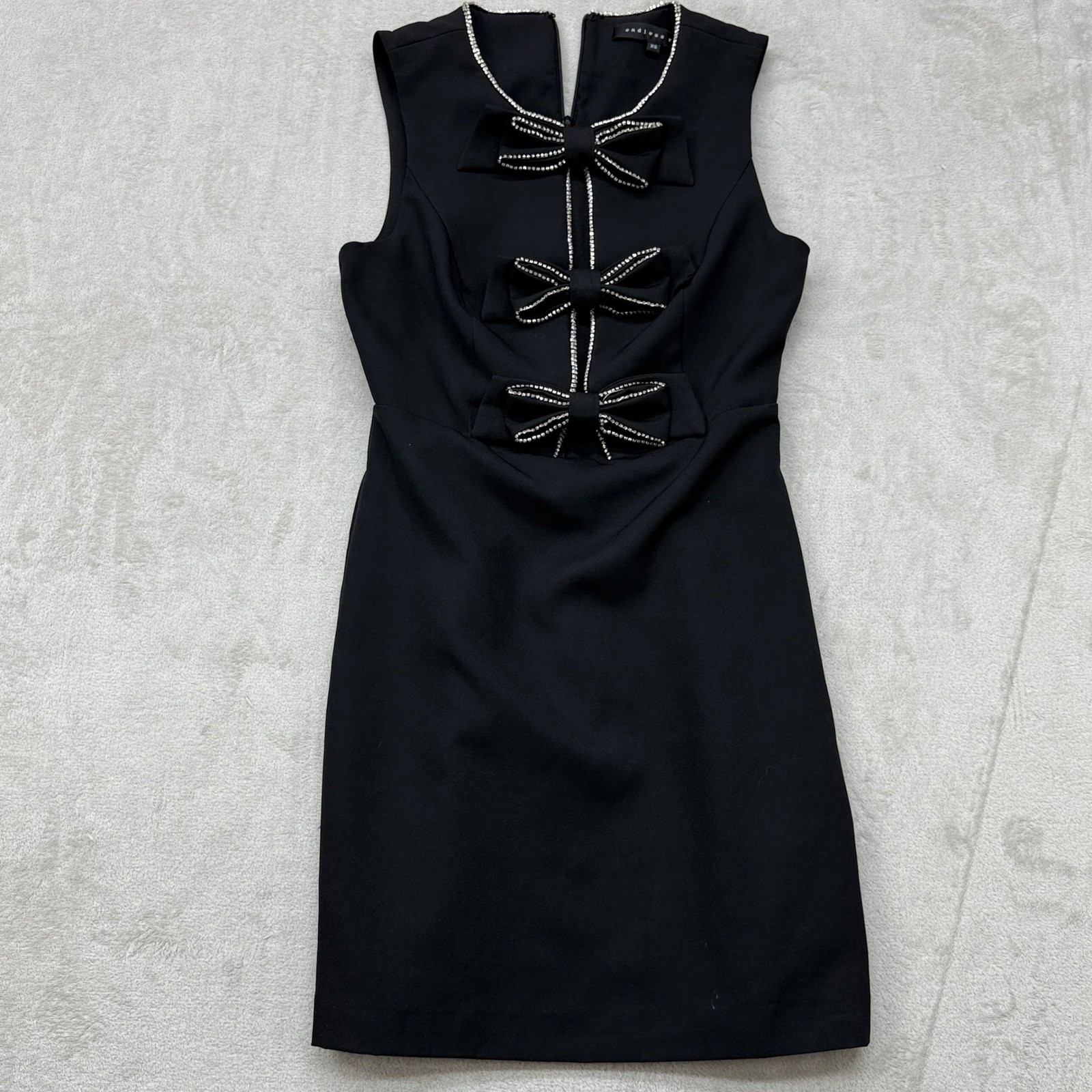 Anthropologie Endless Rose Dress Women XS Black Rhinestone Bow Trim Sheath Mini
