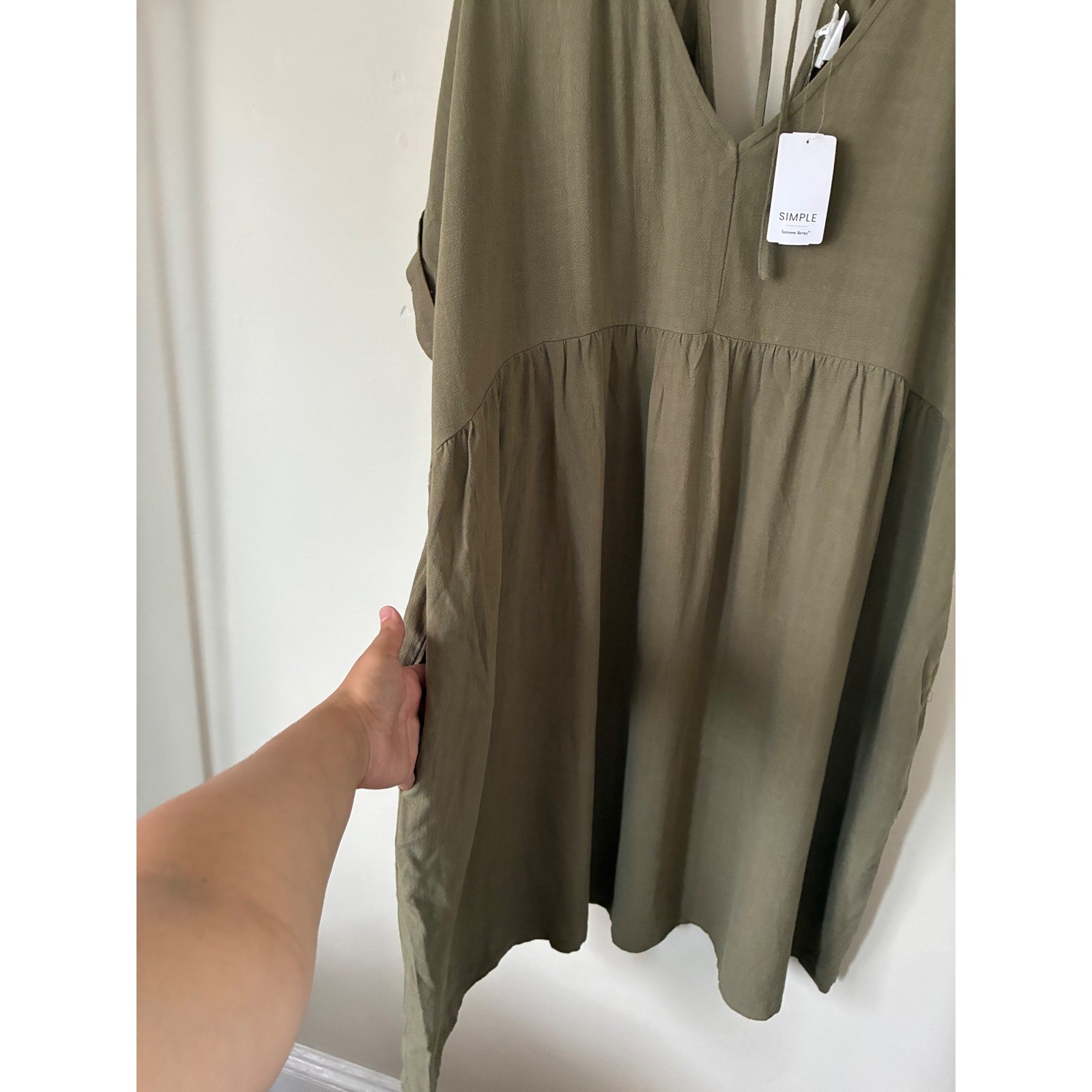 Suzanne Betro Simple Olive Green Linen Blend V-Neck Empire Waist Midi Dress 3X