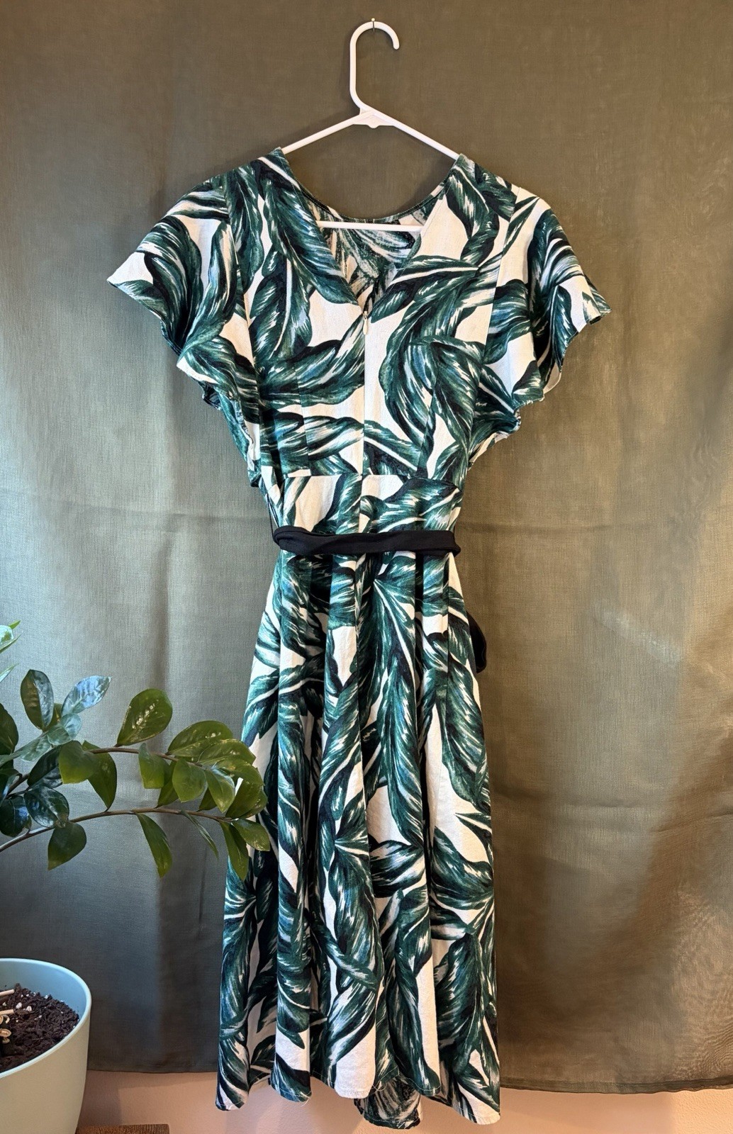 Who What Wear Green Leaf Linen Blend Midi Dress Size XS