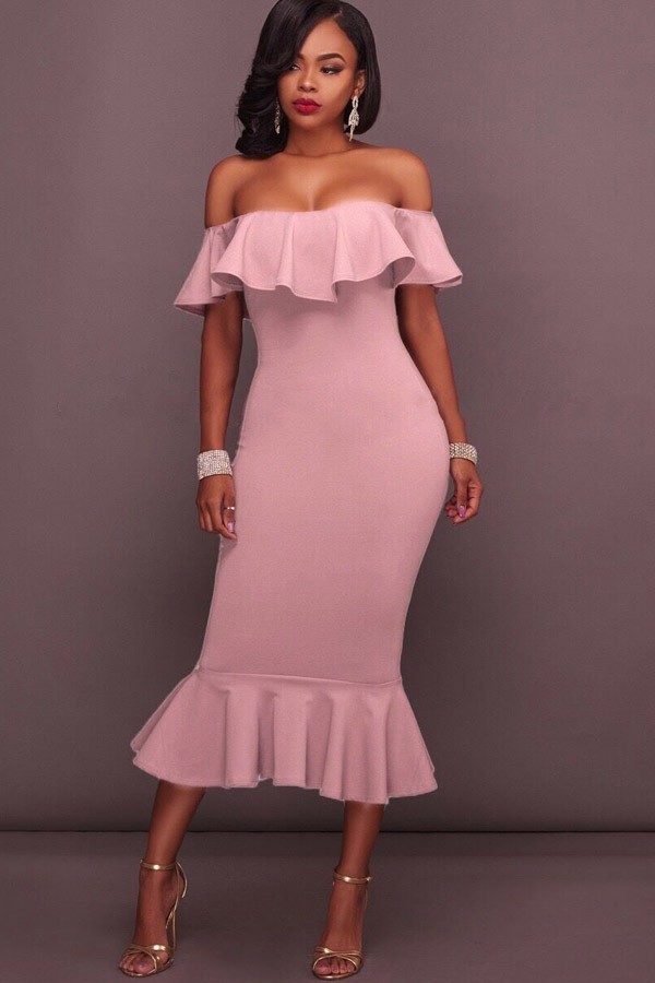 Pretty in Pink: Off-Shoulder Ruffled Mermaid Midi Party Dress