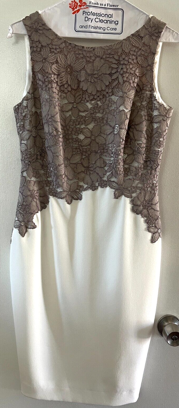 Lauren Ralph Lauren White And Taupe Lace Formal Cocktail Sheath Dress Size 2