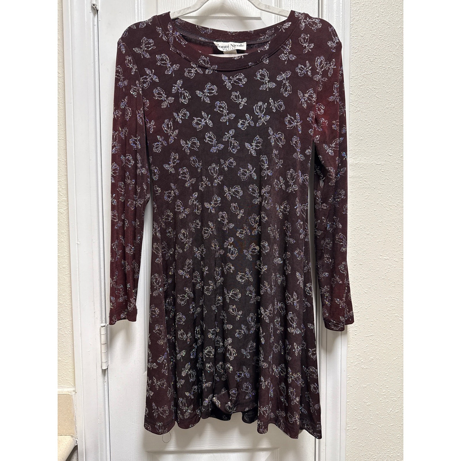 Vintage 90 A Line Stretch Knit Shimmer Rhinestone Rose Print Mini Dress Size 2