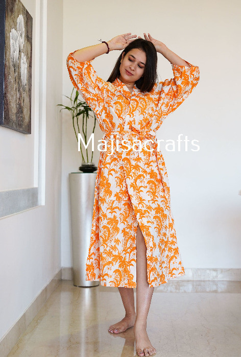 Printed Indian Nightwear Gown Maxi Dress Women`s Cotton Robe Kimono flexible