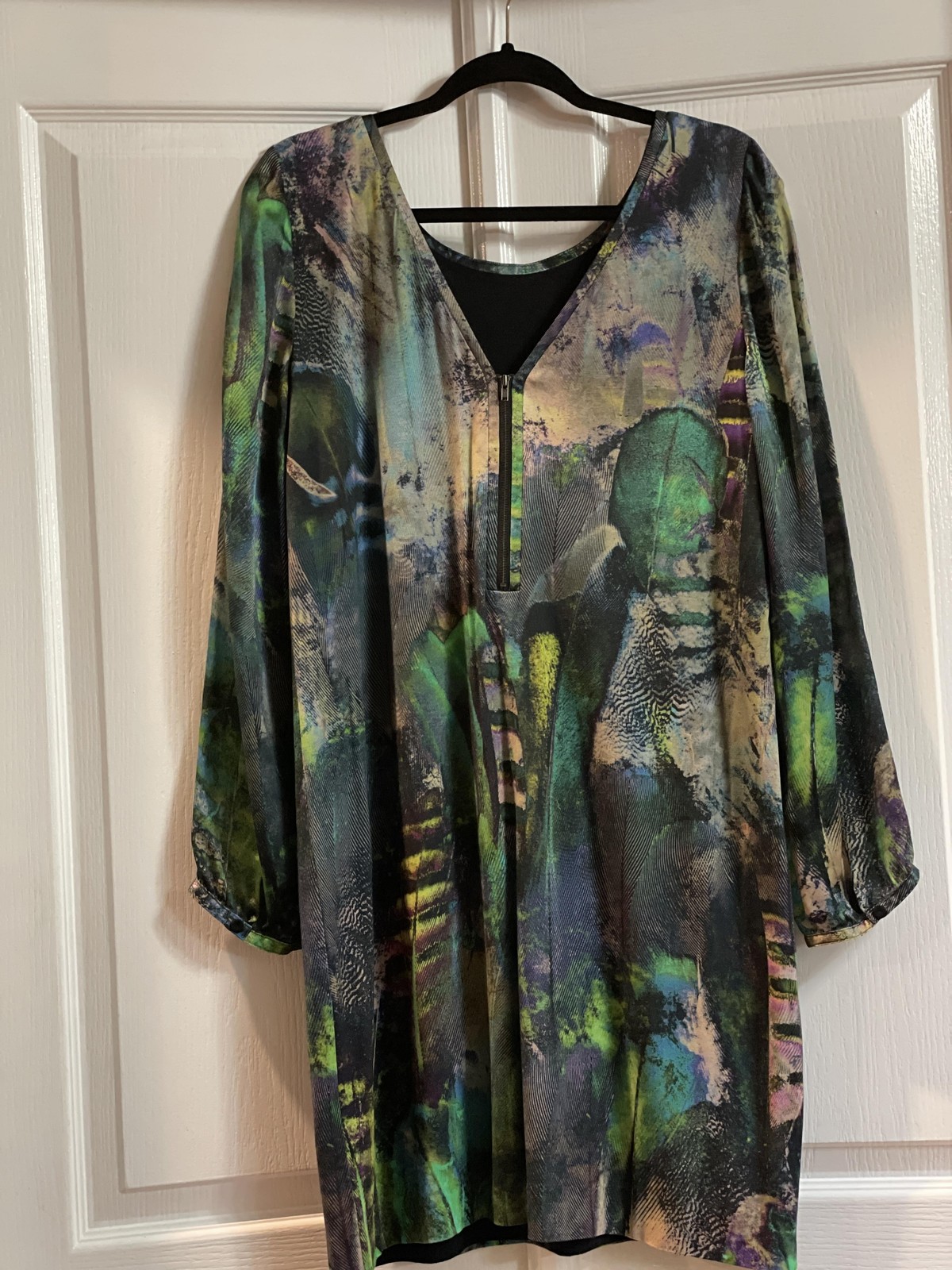 Cluny Dress Womens Large Multicolor Abstract Shift Long Sleeve Silk Modal Lined