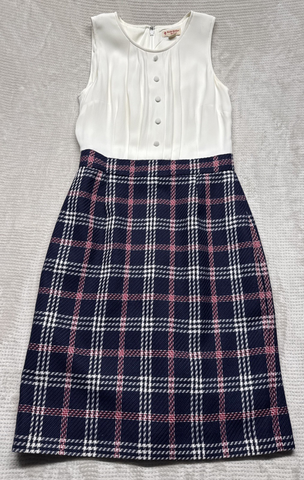 Brooks Brothers Red Fleece Women’s Navy Cream Plaid Dress Sz 6 Wool Sleeveless
