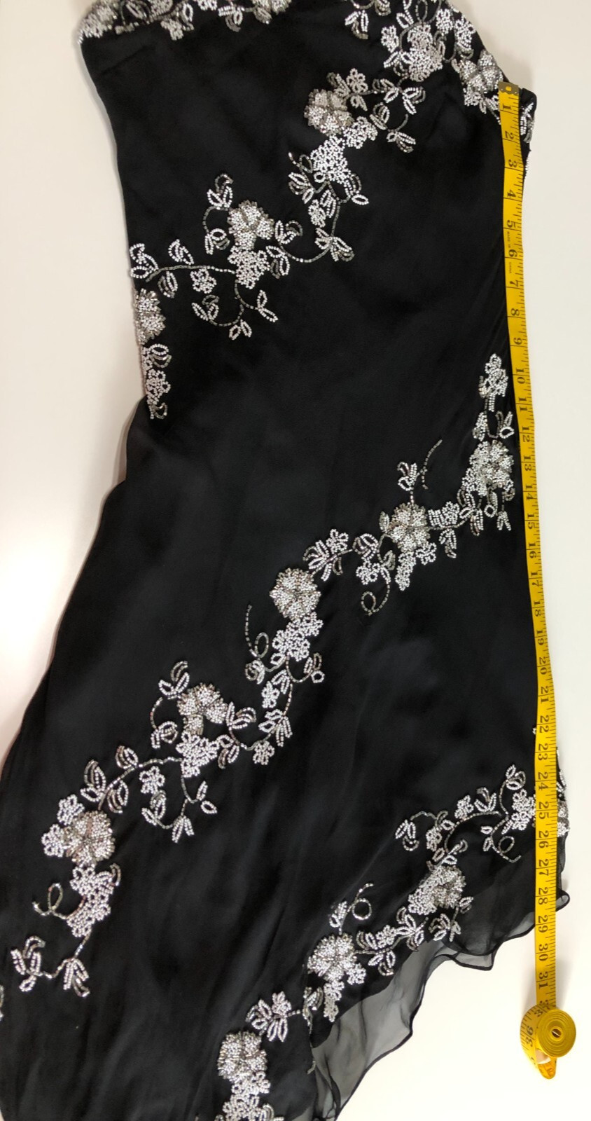 Vintage SCALA 100% Silk Beaded Dress Black Floral Asymmetric Hem Prom Formal L.