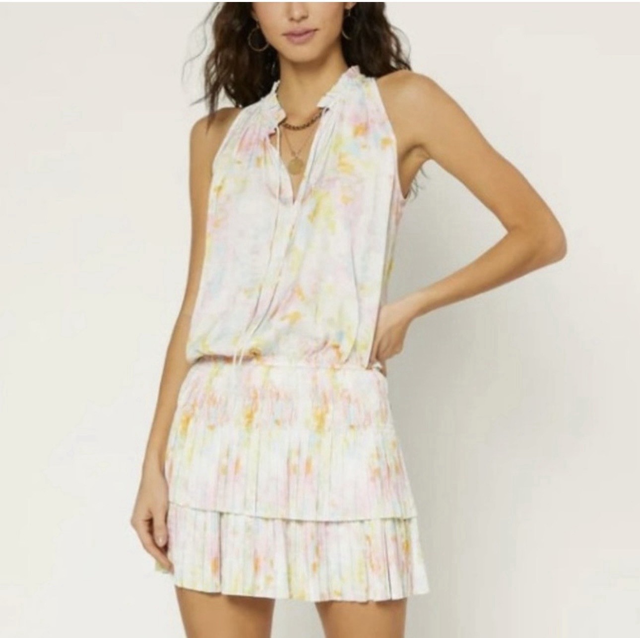 Current Air Cara Womens Watercolor Pleated Skirt Sleeveless Mini Dress Size S
