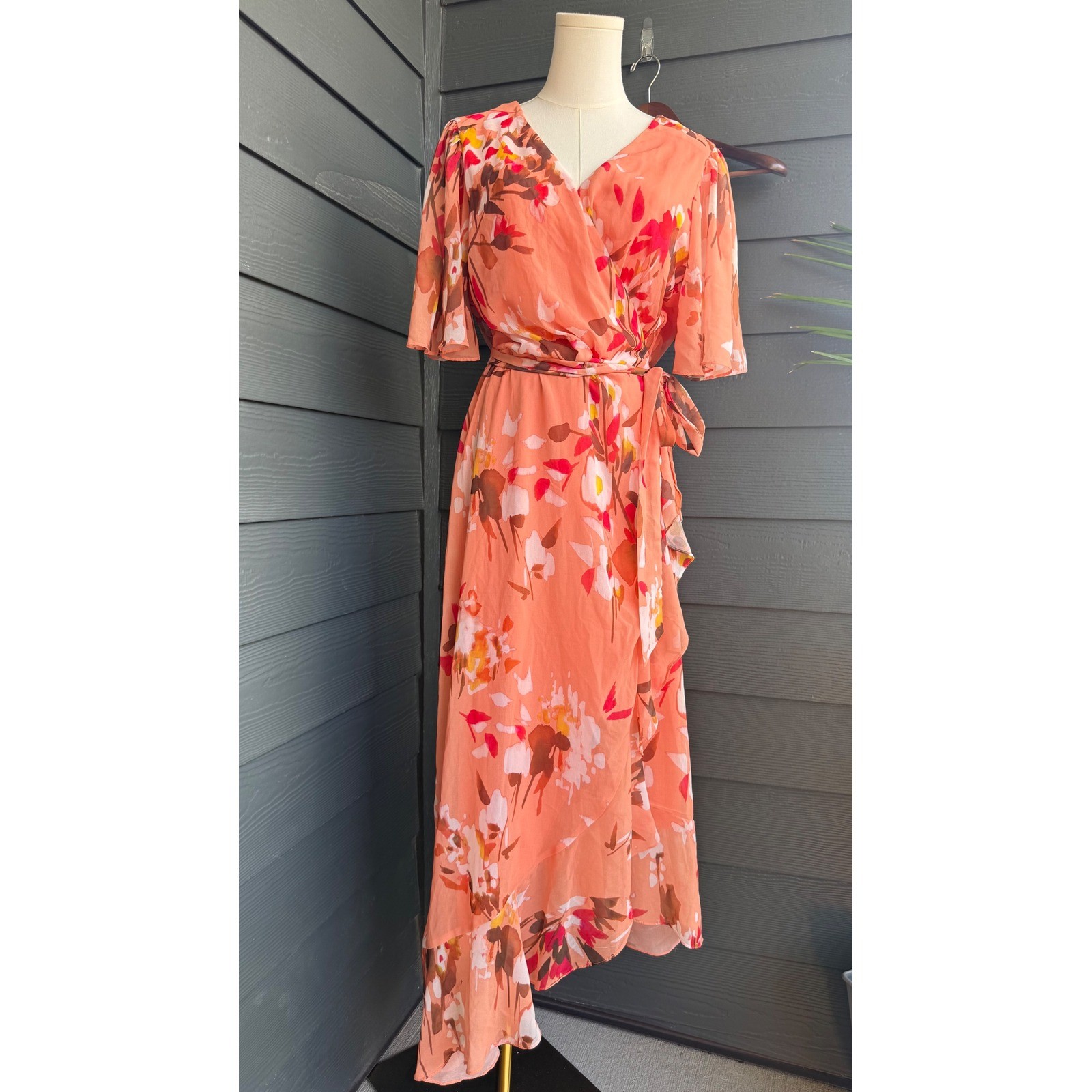 Premier Amour Floral Wrap Midi Dress Flutter Sleeve Tie Waist Peach Size 12