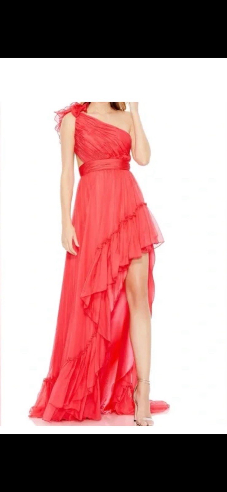 MacDuggal One Shoulder Open Back Red Ruffle Maxi Dress Sz 6
