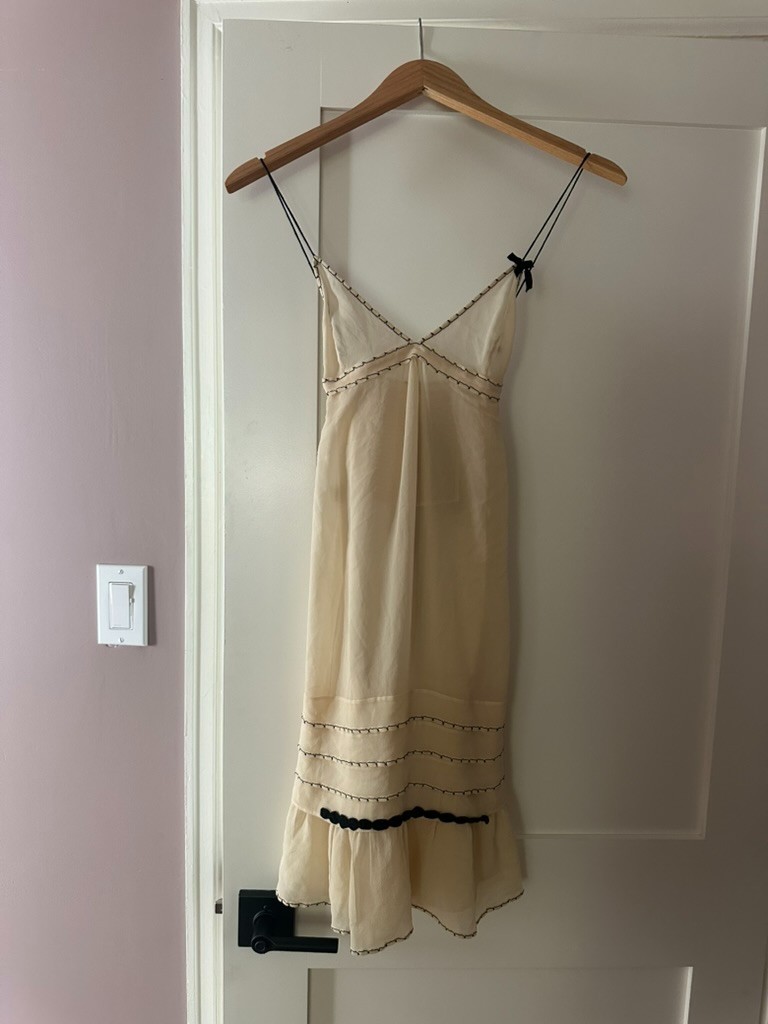PRADA Vintage 2000s Silk Chiffon Slip Dress Ivory Cream Black Stitch Ruffle IT40