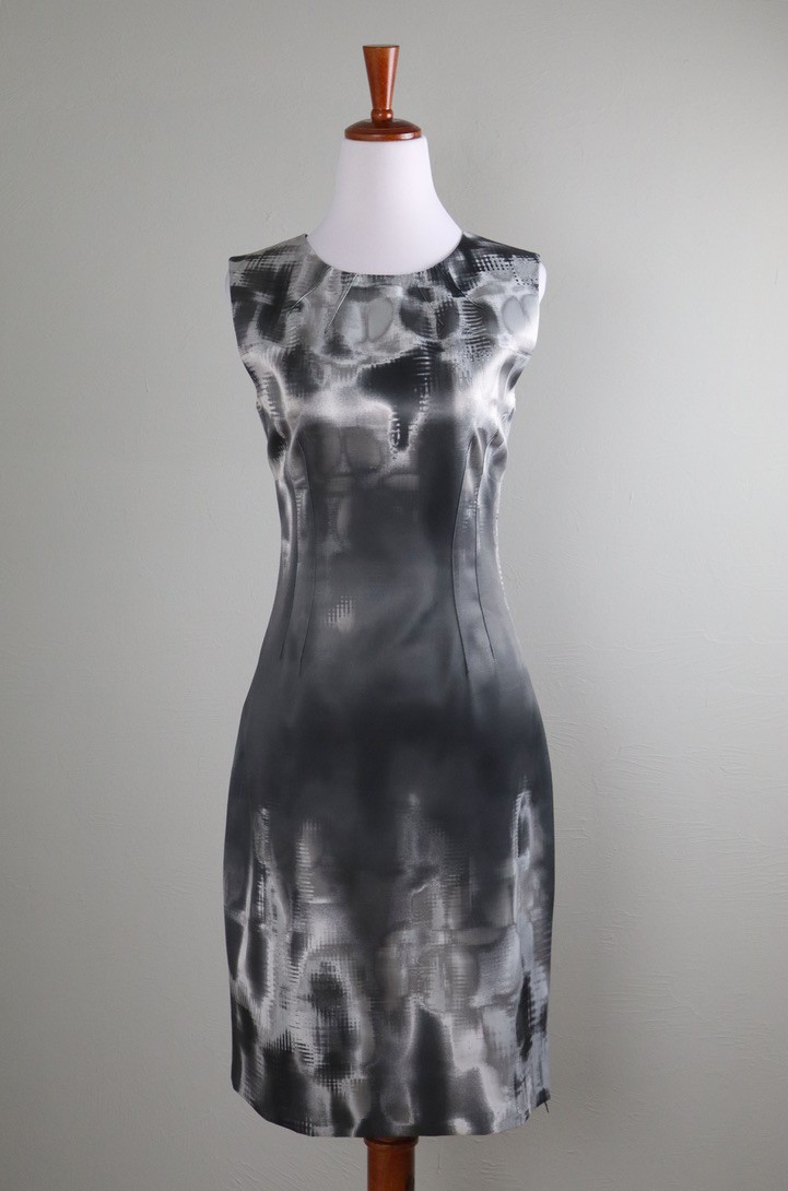 ELIE TAHARI $328 Gray Satin Lined Abstract Print Sleeveless Sheath Dress Size 6