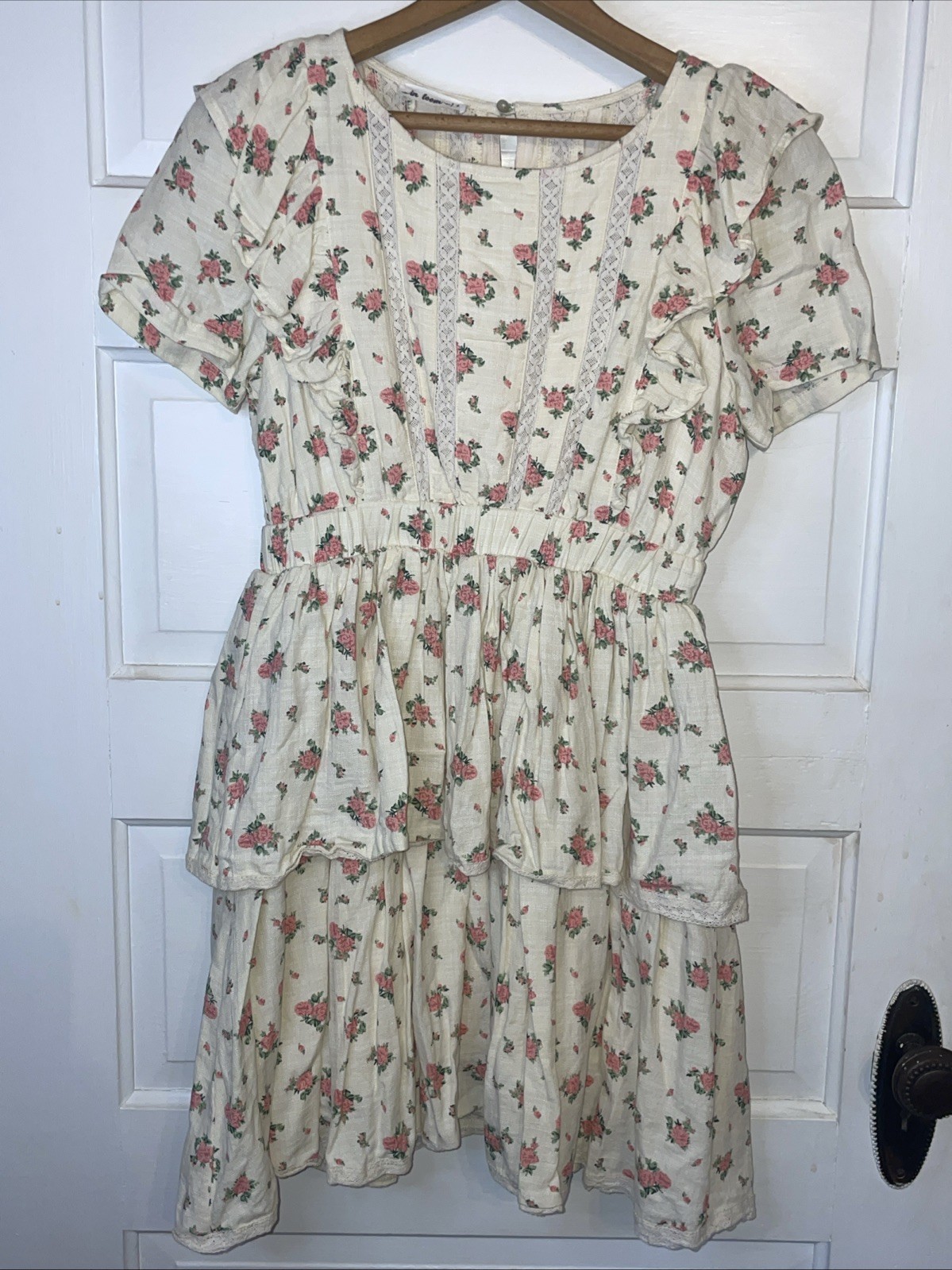 Lovely Cottage Core Feminine Dress | Ivory Pink Flowers Green Lace Ruffle Layers