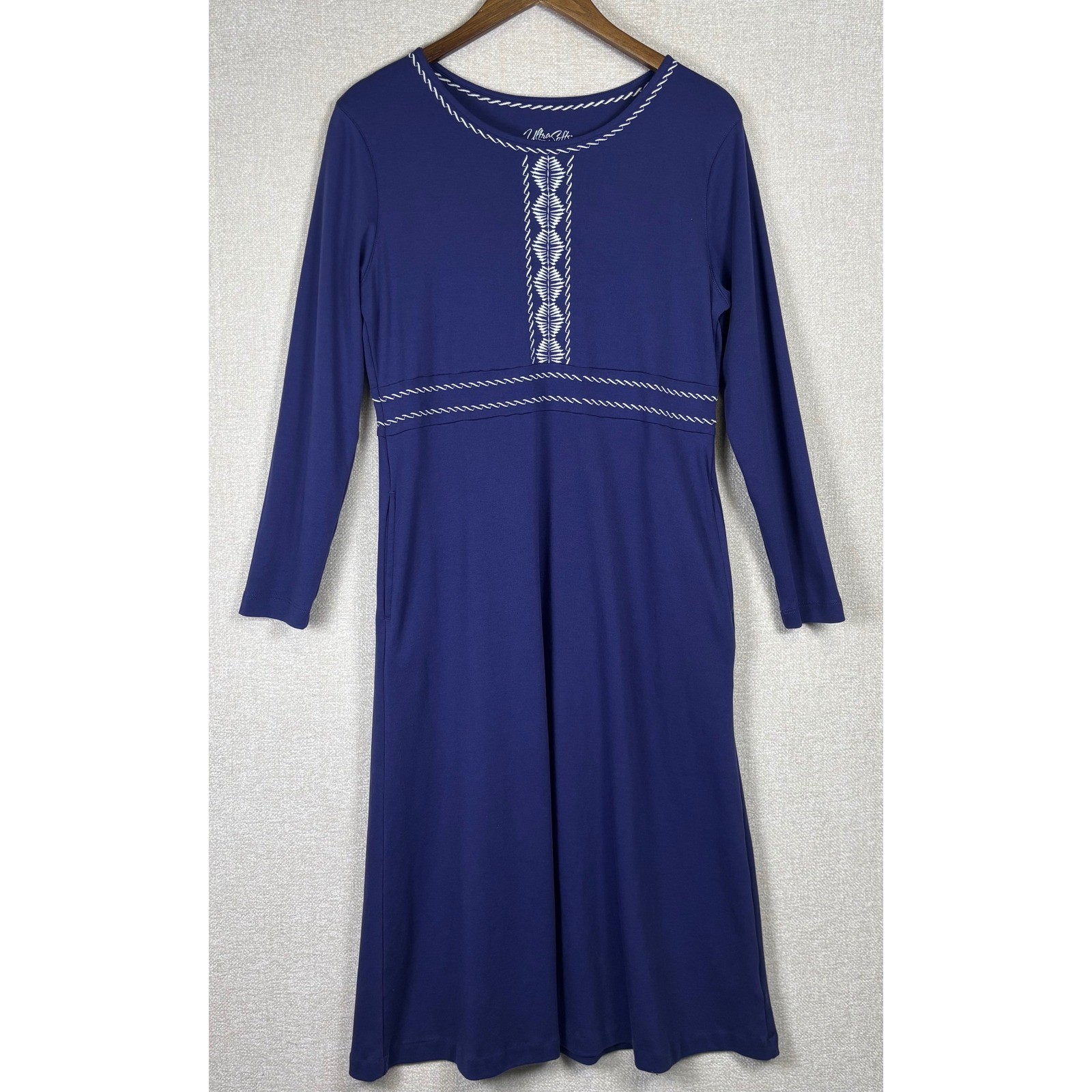Ultra Softs Womens Size Medium Blue Long Sleeve Embroidered Midi Dress A-Line