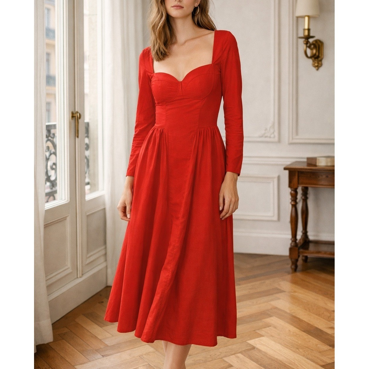 Panthea SMALL Tomato Red Princess Bustier Midi Dress Dropped V Waist Milkmaid