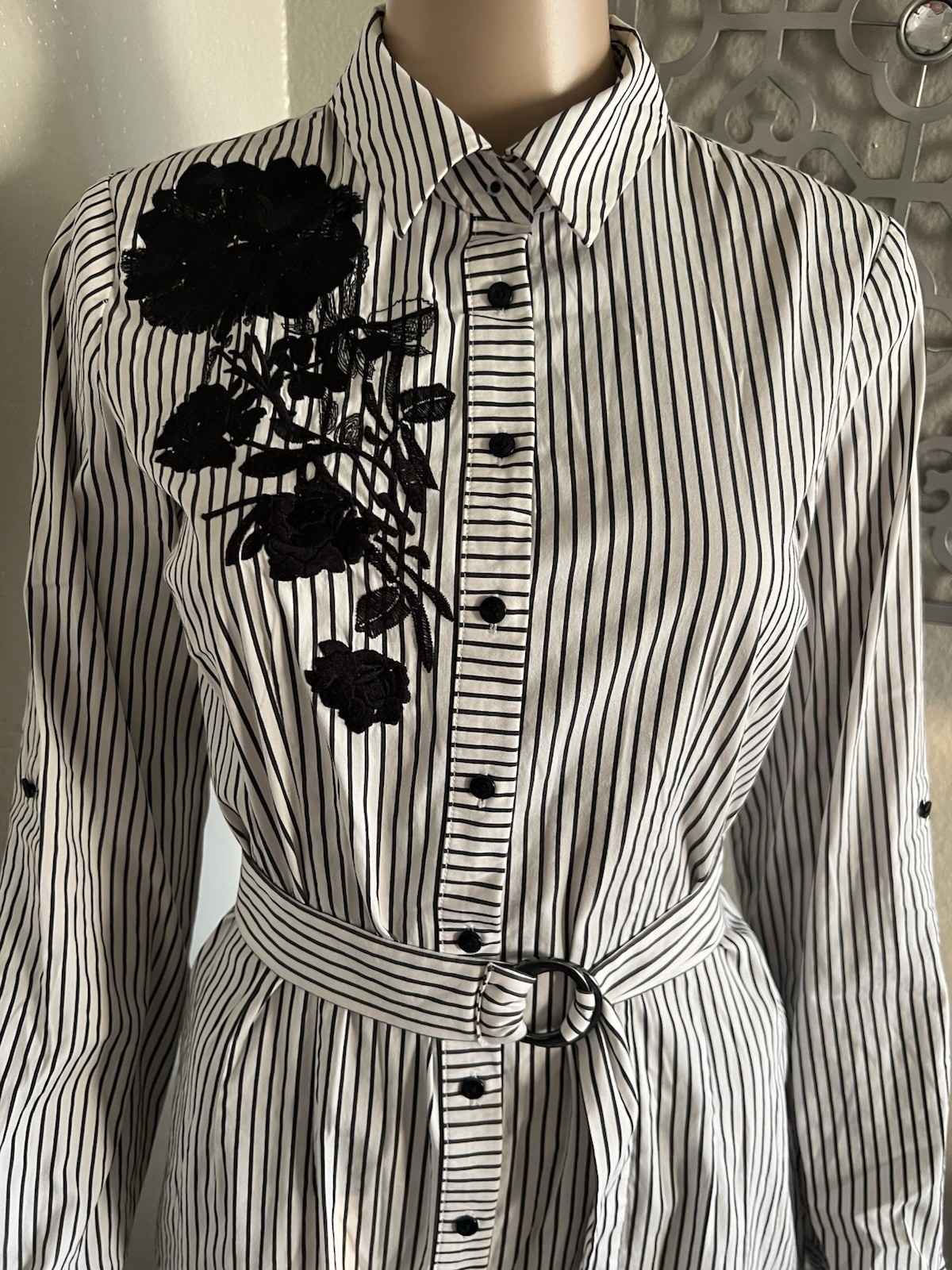 ELIE TAHARI Embroidered Nautical Striped Belted Button Down Shirt Dress sz S