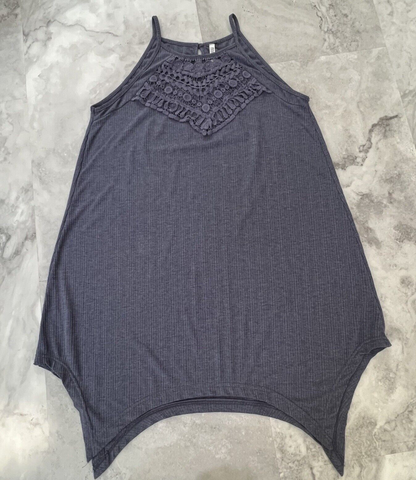 Monoreno Jersey Knit Trapeze Dress Hanky Hem Blue Crochet Lace Yoke Small