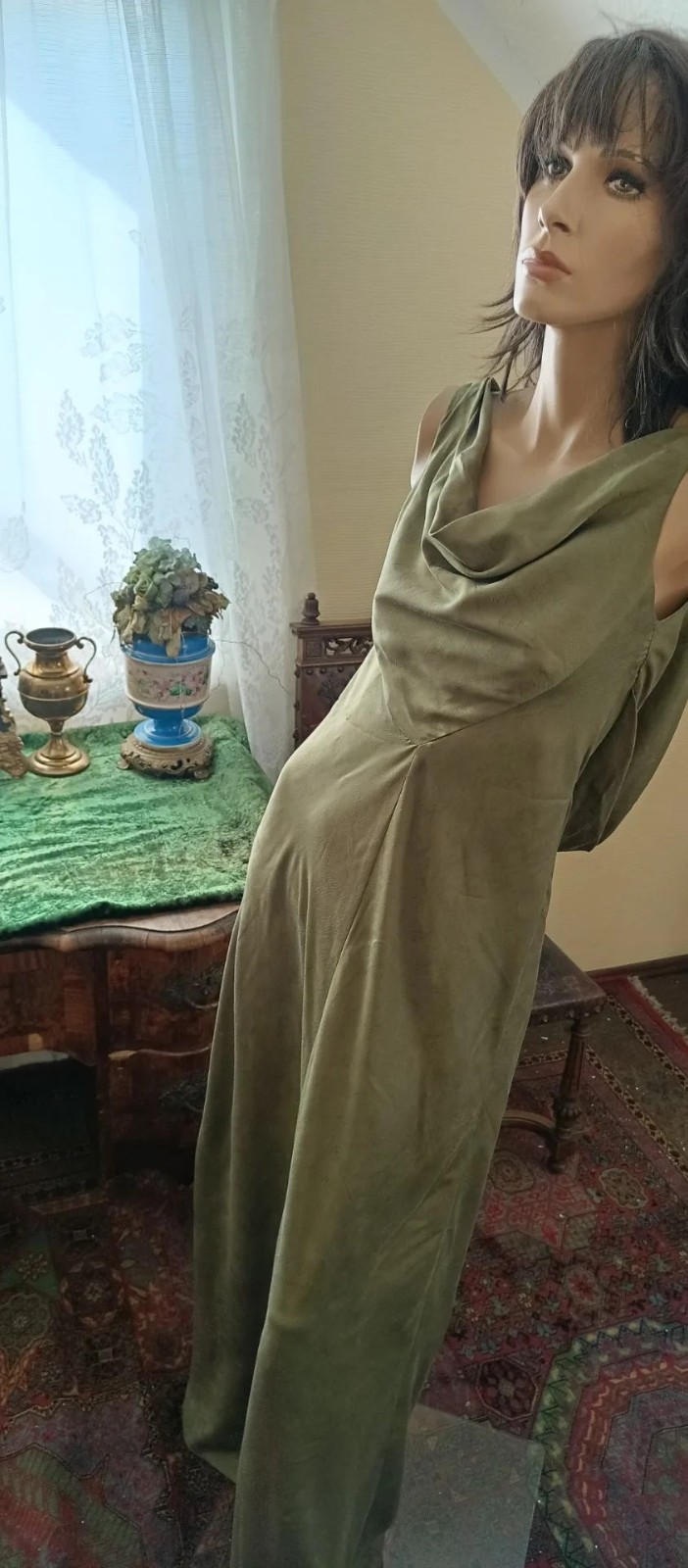 Chrisitian Dior Womens Dress Khaki Maxi Sillage 42FR Open Back Evening