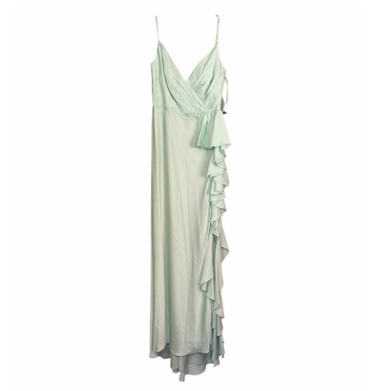 Mac Duggal Green Satin Ruffled Sleevless Prom Maxi Gown Dress Size 2 67815 NEW